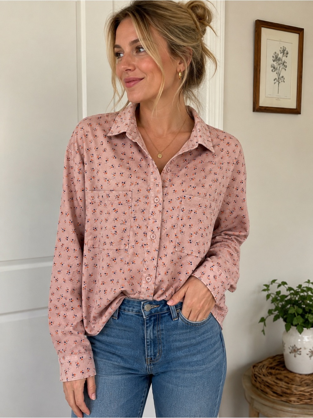 Papaya Women’s L Floral Button Up Shirt Pink Boho Cottagecore Utility Pocket LS